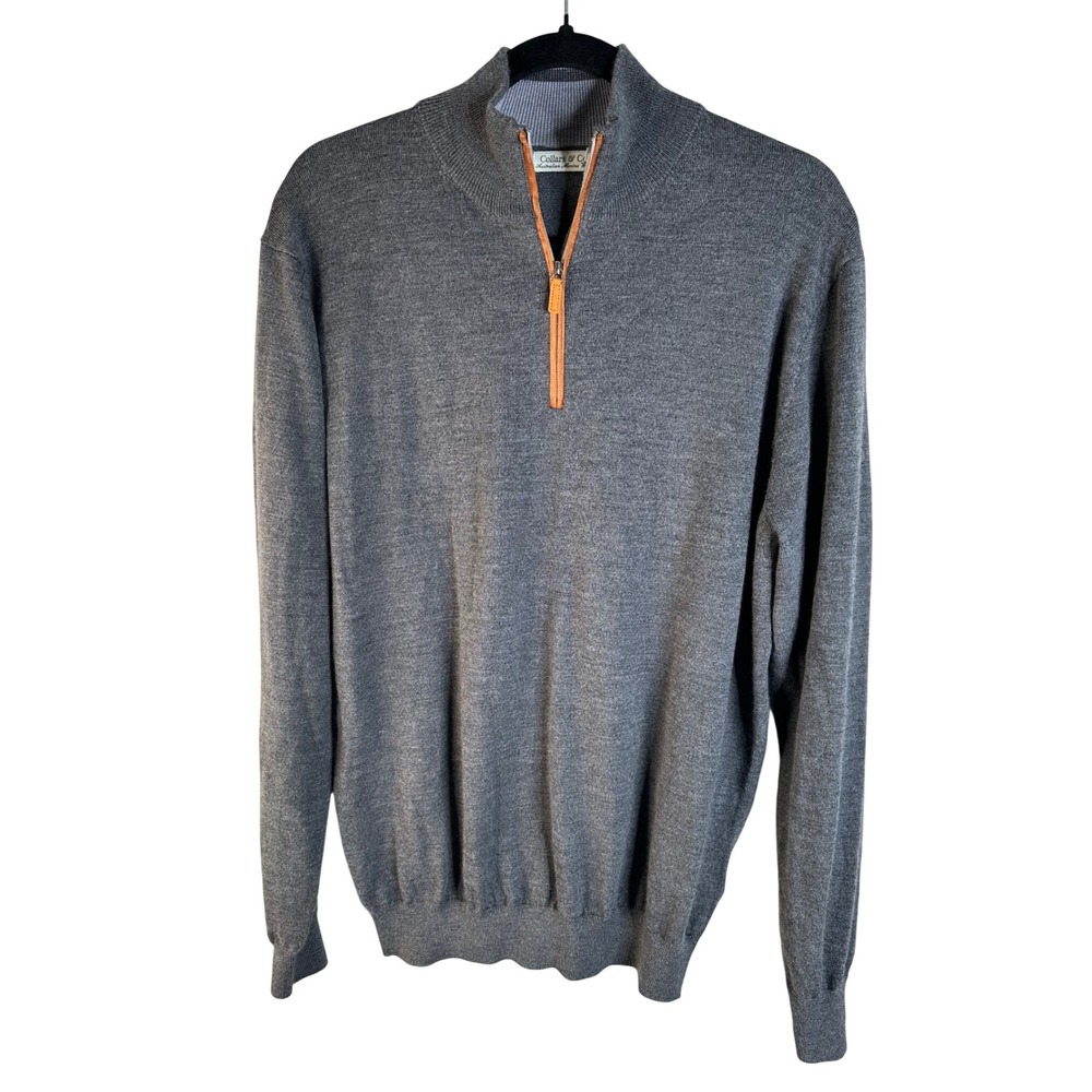 Collars & Co Men's Gray Australian Merino Wool Quarter Zip Sweater Size Large